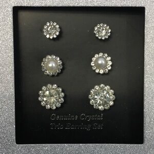 Genuine Crystal Trio Post Stud Pierced Earrings 3 Piece Set